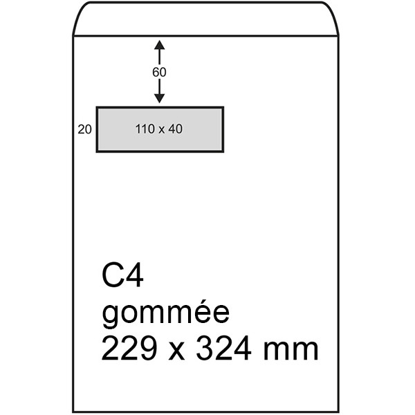 123encre enveloppe pochette 229 x 324 mm - C4 fenêtre à gauche patte gommée (250 pièces) - blanc 300945 - 1