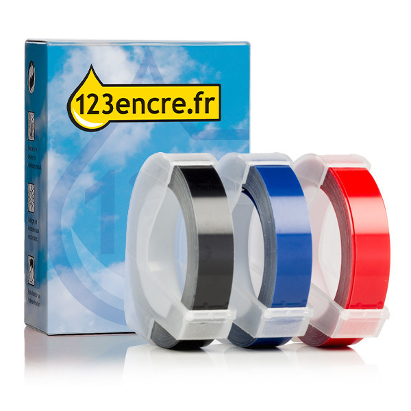 123encre multipack de rubans d'étiquettes en relief remplace le multipack Dymo de rubans d'étiquettes en relief 9 mm (blanc sur noir, blanc sur rouge et blanc sur bleu) 089267 - 1