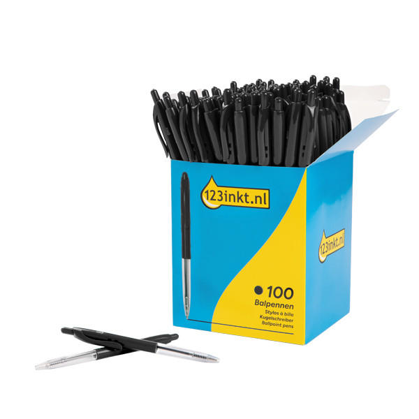 123encre stylo à bille médium avec bouton-poussoir pack avantageux (100 pièces) - noir 302079 - 2