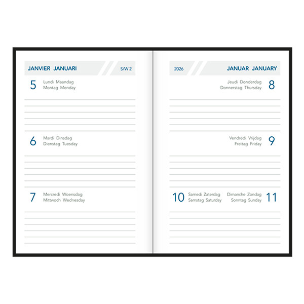 Aurora Classic7 Luna 2026 agenda semainier (1 semaine sur 2 pages) 4 langues - noir 330149 - 2