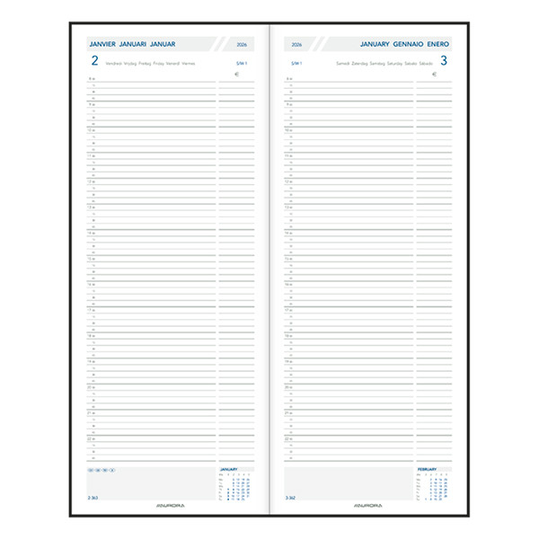 Aurora Longo Balacron agenda semainier avec division par quart d'heure 2026 (1 jour par page) 6 langues - noir 330146 - 2