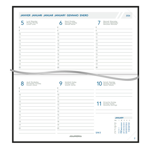 Aurora Novoplan Florence agenda semainier avec division horaire 2026 (1 semaine sur 2 pages) 6 langues - noir 330130 - 2