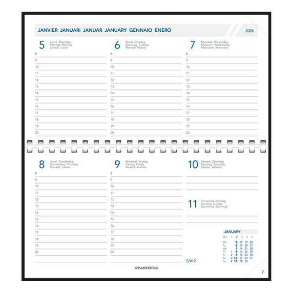 Aurora Novoplan Perl Luna agenda semainier avec division horaire 2026 (1 semaine sur 2 pages) 6 langues - bleu 330154 - 2