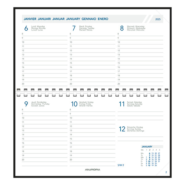 Aurora Novoplan Perl Seta agenda semainier 2025  avec division par heure (1 semaine 2 pages) 6 langues - vert 330011 - 2
