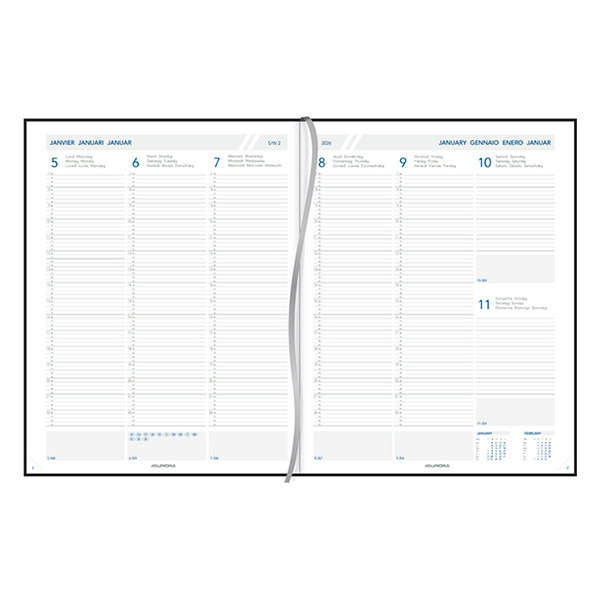 Aurora Plan-A-Week Florence agenda semainier avec division trimestrielle 2026 (1 semaine sur 2 pages) 7 langues - bleu 330131 - 2