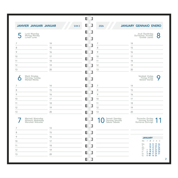 Aurora Visuplan Perl Luna agenda semainier avec division horaire 2026 (1 semaine sur 2 pages) 6 langues - bleu 330161 - 2