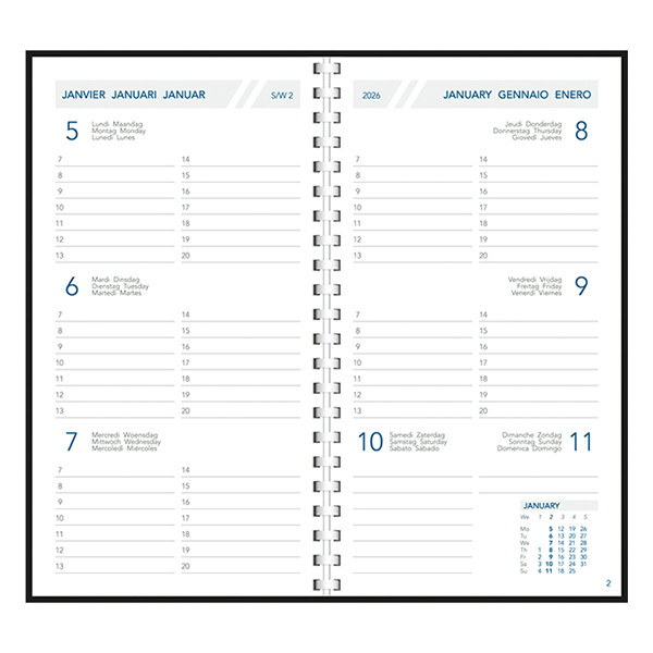Aurora Visuplan Perl Seta agenda semainier avec division horaire 2026 (1 semaine sur 2 pages) 6 langues - noir 330162 - 2