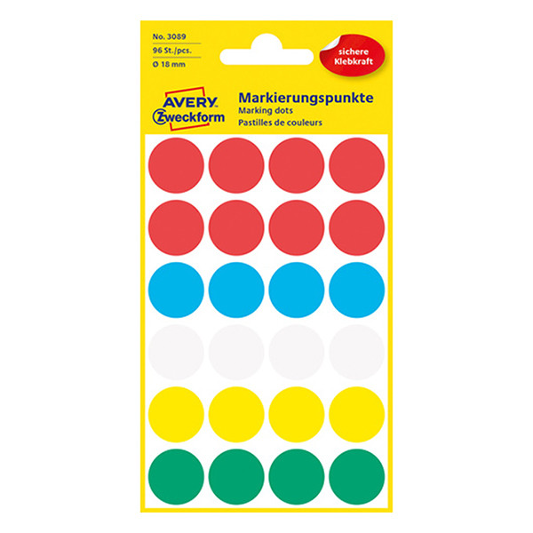 Avery Zweckform 3089 pastilles adhésives couleurs assorties Ø 18 mm (96 étiquettes) 212388 - 1