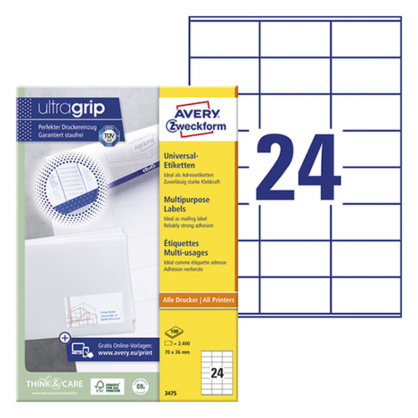 Avery Zweckform 3475 étiquettes multi-usages 70 x 36 mm (2400 étiquettes) 212040 - 1