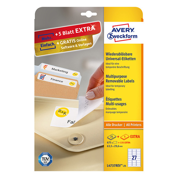 Avery Zweckform L4737-25 étiquettes multi-usages 63,5 x 29,6 mm (675 étiquettes) - blanc 212582 - 1