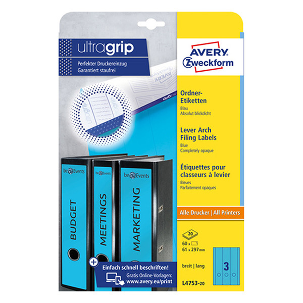 Avery zweckform L4753-20 étiquettes dos de classeur 61 x 297 mm (60 pièces) - bleu 212126 - 1