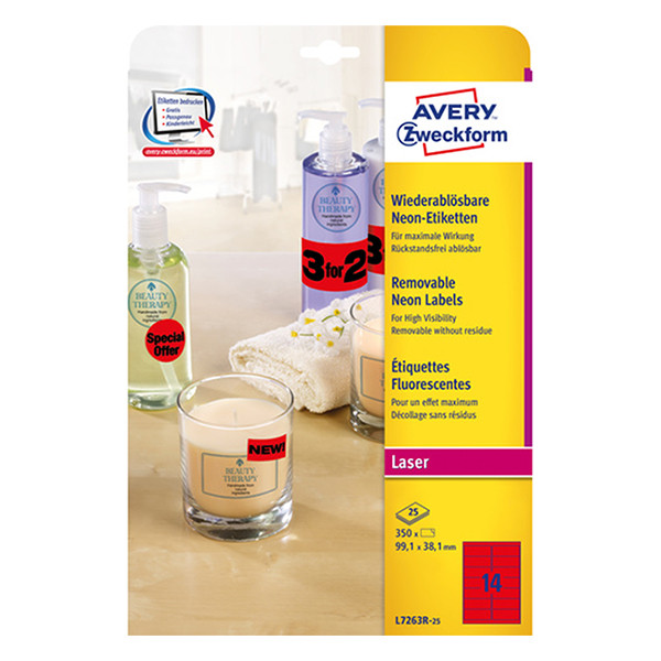 Avery zweckform L7263R-25 étiquettes fluorescentes 99,1 x 38,1 mm (350 pièces) - rouge 212753 - 1