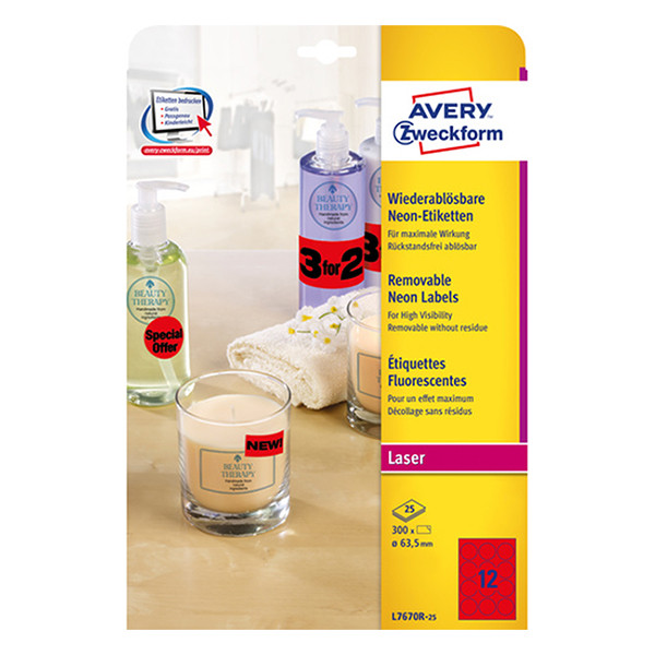 Avery zweckform L7670R-25 étiquettes fluorescentes rondes Ø 63,5 mm (300 pièces) - rouge 212750 - 1
