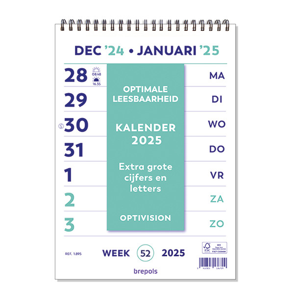Brepols Optivision wand-week kalender 2025 met extra grote cijfers en letters 261526 - 1