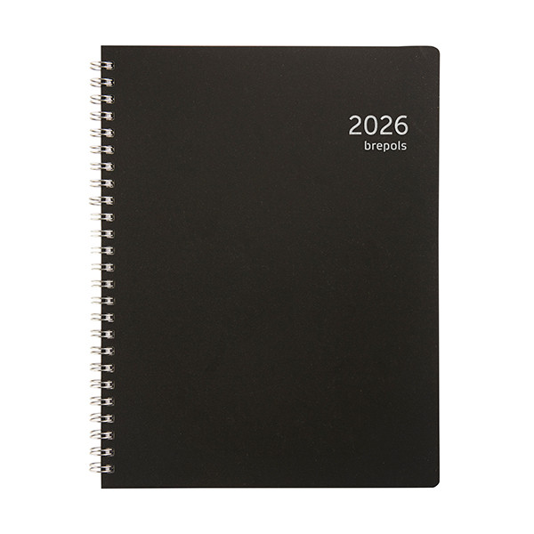 Brepols Timing Recycled PP agenda semainier 2026 avec répartition par heure (1 semaine sur 2 pages) 4 langues - noir 262476 - 1