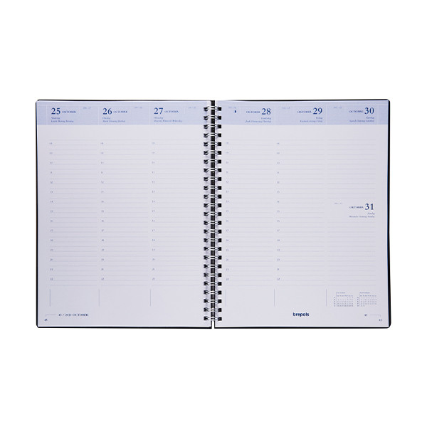 Brepols Timing Recycled PP agenda semainier 2026 avec répartition par heure (1 semaine sur 2 pages) 4 langues - noir 262476 - 2