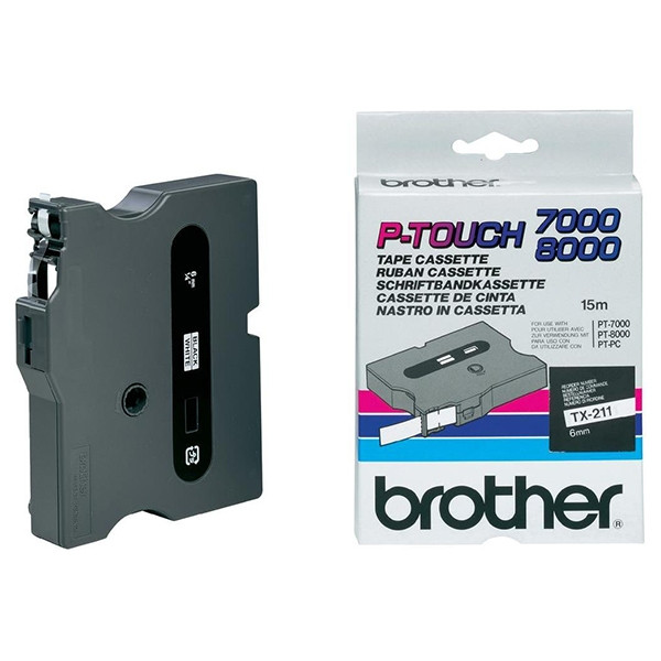 Brother TX-211 cassette à ruban 'extrême' 6 mm (d'origine) - noir sur blanc brillant 080232 - 1