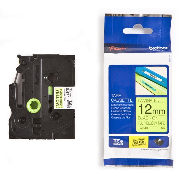 Brother TZe-C31 cassette à ruban 12 mm (d'origine) - noir sur jaune fluo 080652 - 1