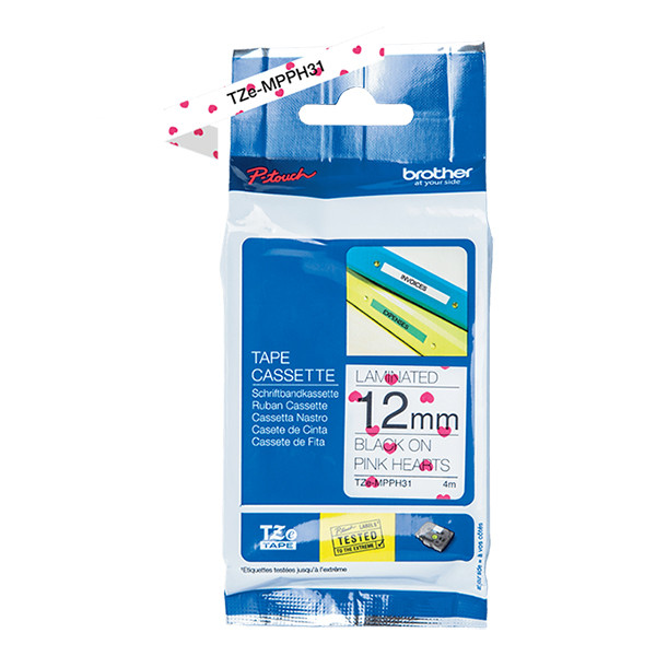 Brother TZe-MPPH31 ruban 12 mm (d'origine) - noir sur blanc avec cœurs rouges 350562 - 1