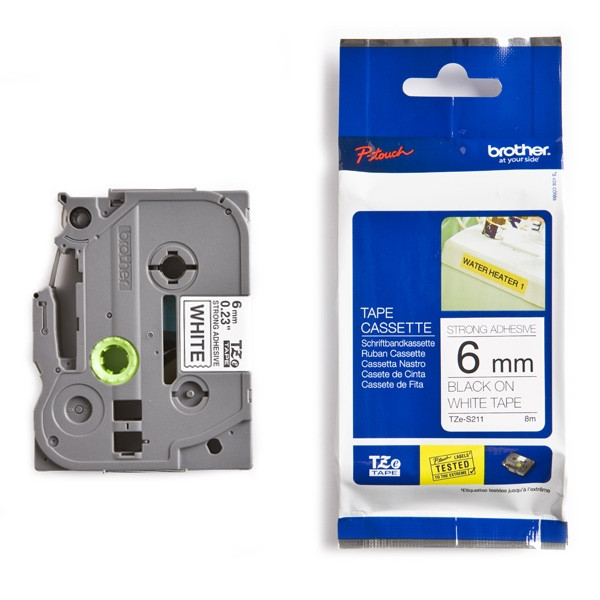 Brother TZe-S211 cassette à ruban à forte adhérence 6 mm (d'origine) - noir sur blanc 080668 - 1