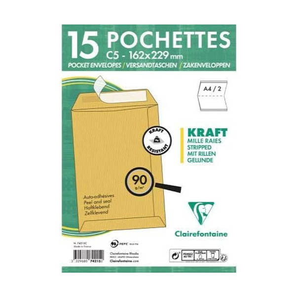 Clairefontaine enveloppe kraft 162 x 229 mm - C5 autocollante (15 pièces) 404640 - 1
