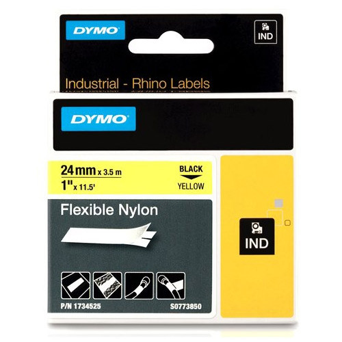 Dymo 1734525 IND Rhino ruban d'étiquette nylon flexible noir sur jaune 24 mm (d'origine) 088724 - 1