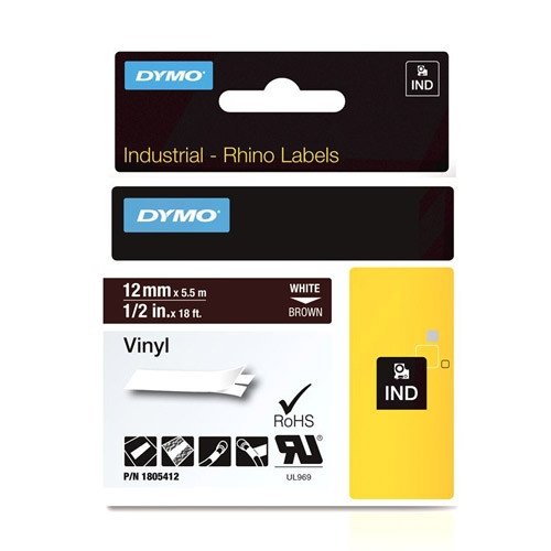 Dymo 1805412 IND Rhino ruban d'étiquettes vinyle 12 mm (d'origine) - blanc sur marron 088658 - 1