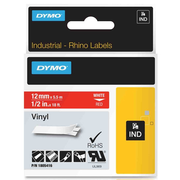 Dymo 1805416 IND Rhino ruban d'étiquettes vinyle 12 mm (d'origine) - blanc sur rouge 088626 - 1