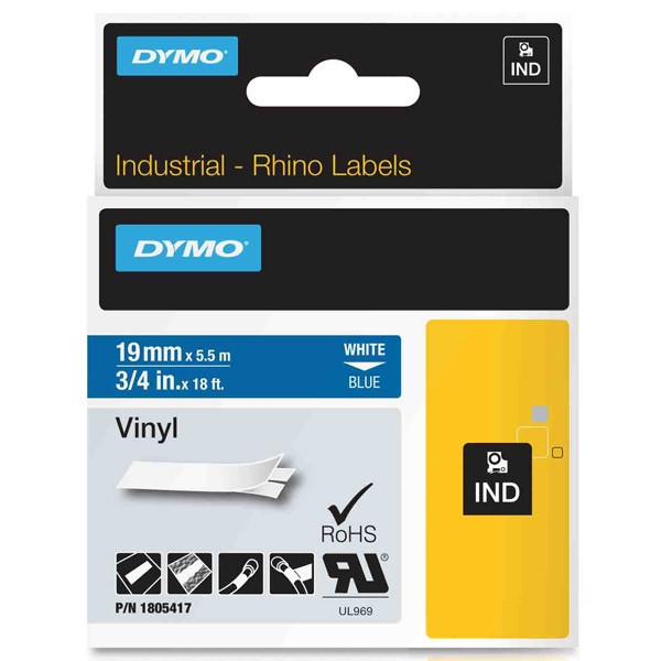 Dymo 1805417 IND Rhino ruban d'étiquettes vinyle 19 mm (d'origine) - blanc sur bleu 088648 - 1