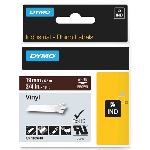 Dymo 1805418 IND Rhino ruban d'étiquettes vinyle 19 mm (d'origine) - blanc sur marron 088660 - 1