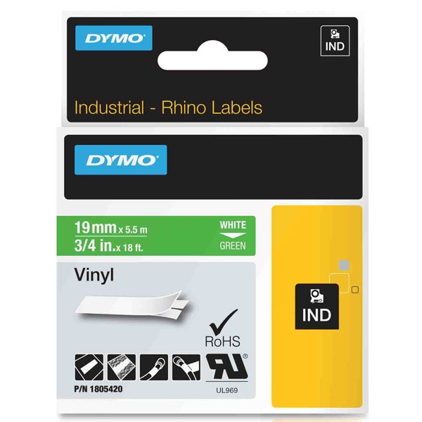 Dymo 1805420 IND Rhino ruban d'étiquettes vinyle 19 mm (d'origine) - blanc sur vert 088642 - 1