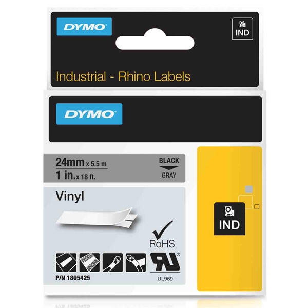Dymo 1805425 IND Rhino ruban d'étiquettes vinyle noir sur gris 24 mm (d'origine) 088624 - 1