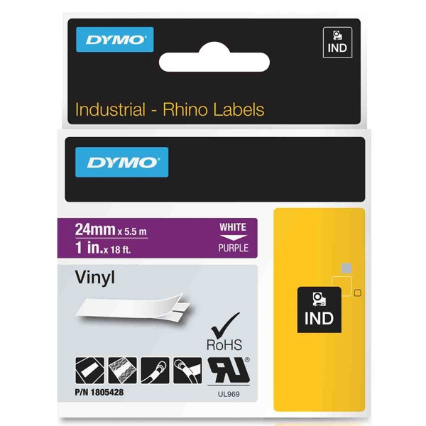 Dymo 1805428 IND Rhino ruban d'étiquettes vinyle blanc sur violet 24 mm (d'origine) 088656 - 1