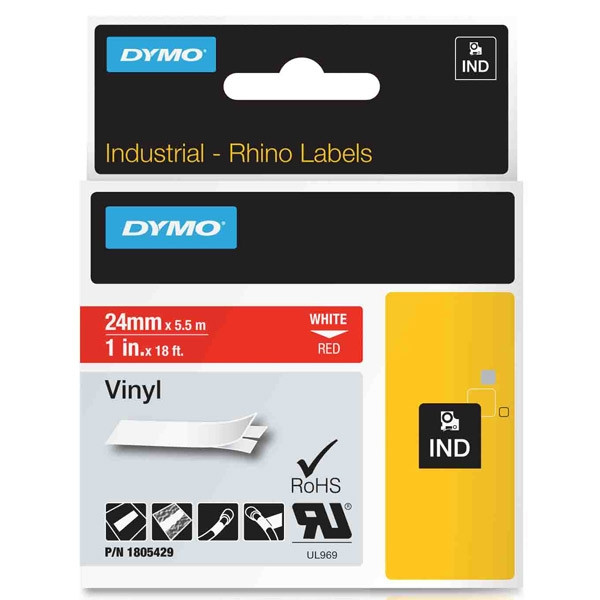 Dymo 1805429 IND Rhino ruban d'étiquettes vinyle blanc sur rouge 24 mm (d'origine) 088630 - 1