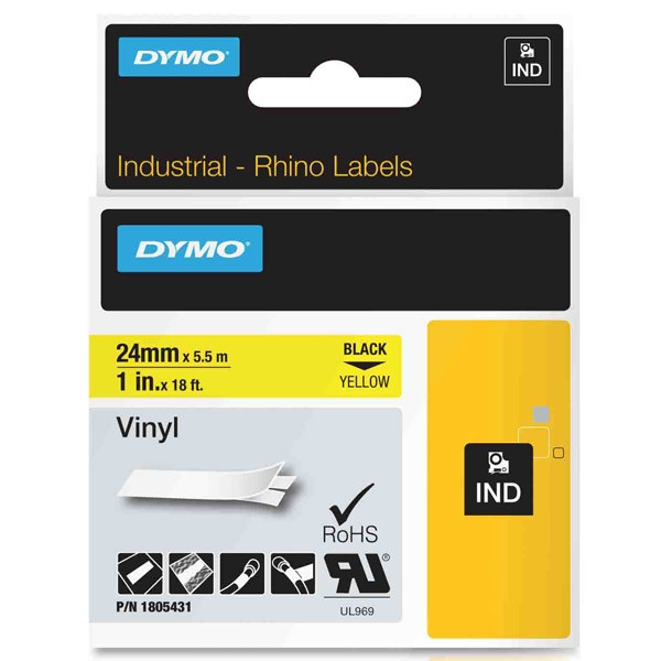 Dymo 1805431 IND Rhino ruban d'étiquettes vinyle 24 mm (d'origine) - noir sur jaune 088612 - 1