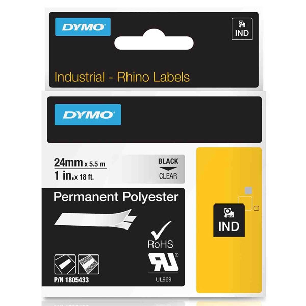 Dymo 1805433 IND Rhino ruban d'étiquettes polyester permanent 24 mm (d'origine) - noir sur transparent 088682 - 1