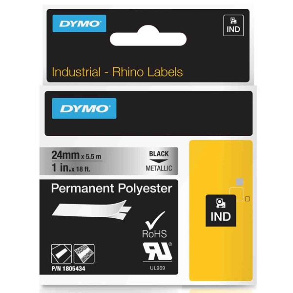 Dymo 1805434 IND Rhino ruban d'étiquettes polyester permanent noir sur métal 24 mm (d'origine) 088692 - 1