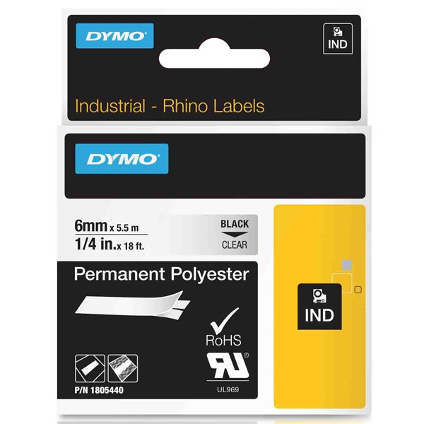 Dymo 1805440 IND Rhino ruban d'étiquettes polyester permanent 6 mm (d'origine) - noir sur transparent 088674 - 1