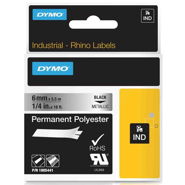 Dymo 1805441 IND Rhino ruban d'étiquettes polyester permanent 6 mm (d'origine) - noir sur métallique 088684 - 1