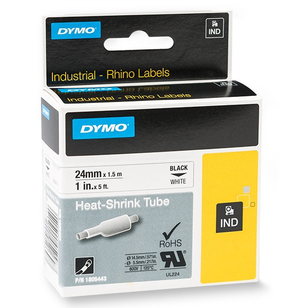 Dymo 1805443 IND Rhino ruban d'étiquettes thermorétractables 24 mm (d'origine) - noir sur blanc 088702 - 1