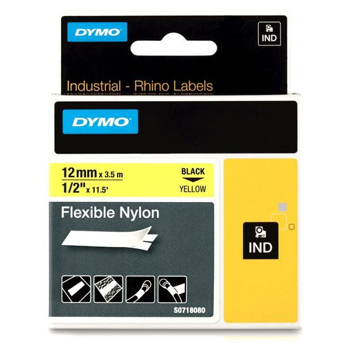 Dymo S0718080/18490 IND Rhino ruban d'étiquettes nylon flexible 12 mm (d'origine) - noir sur jaune 088720 - 1