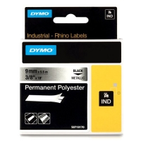 Dymo S0718170/18485 IND Rhino ruban d'étiquettes permanentes polyester 9 mm (d'origine) - noir sur métallique 088686
