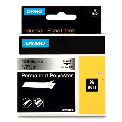 Dymo S0718180/18486 IND Rhino ruban d'étiquettes permanentes polyester 12 mm (d'origine) - noir sur métallique 088688 - 1