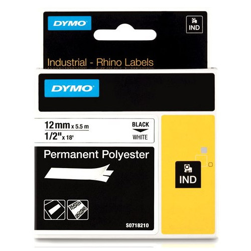 Dymo S0718210/18483 IND Rhino ruban d'étiquettes permanentes polyester 12 mm (d'origine) - noir sur blanc 088668 - 1