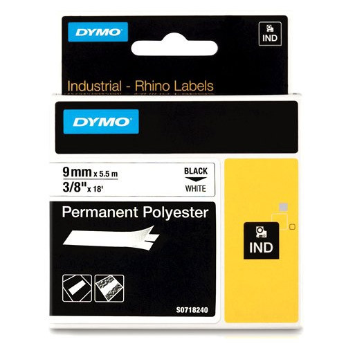 Dymo S0718240/18482 IND Rhino ruban d'étiquettes permanentes polyester 9 mm (d'origine) - noir sur blanc 088666 - 1