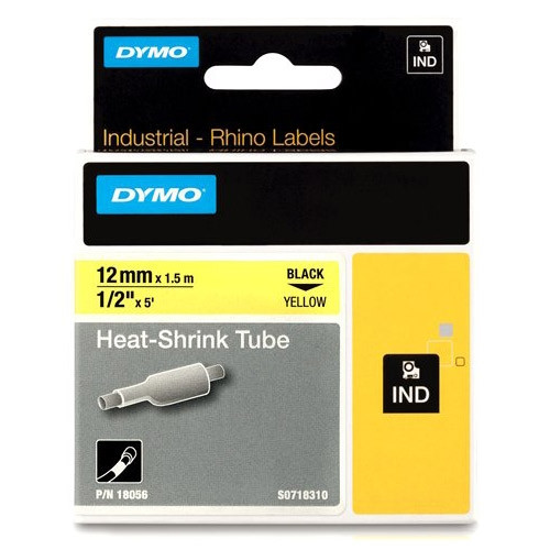 Dymo S0718310/18056 IND Rhino ruban d'étiquettes thermorétractables 12 mm (d'origine) - noir sur jaune 088708 - 1