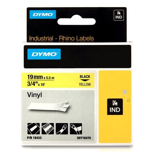 Dymo S0718470/18433 IND Rhino ruban d'étiquettes vinyle 19 mm (d'origine) - noir sur jaune 088610 - 1