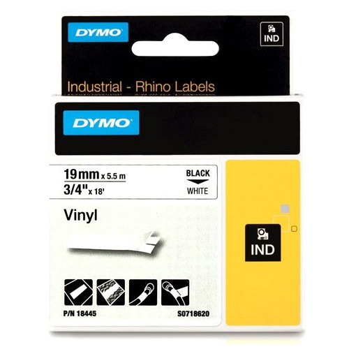 Dymo S0718620/18445 IND Rhino ruban adhésif vinyle 19 mm (d'origine) - noir sur blanc 088604 - 1