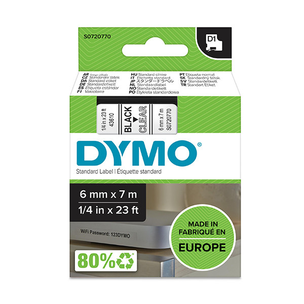 Dymo S0720770/43610 ruban d'étiquettes 6 mm (d'origine) - noir sur transparent 088002 - 1