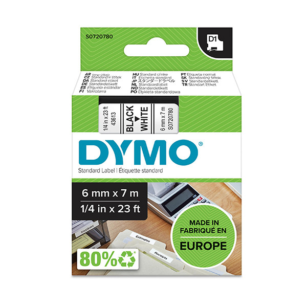 Dymo S0720780/43613 ruban d'étiquettes 6 mm (d'origine) - noir sur blanc 088000 - 1